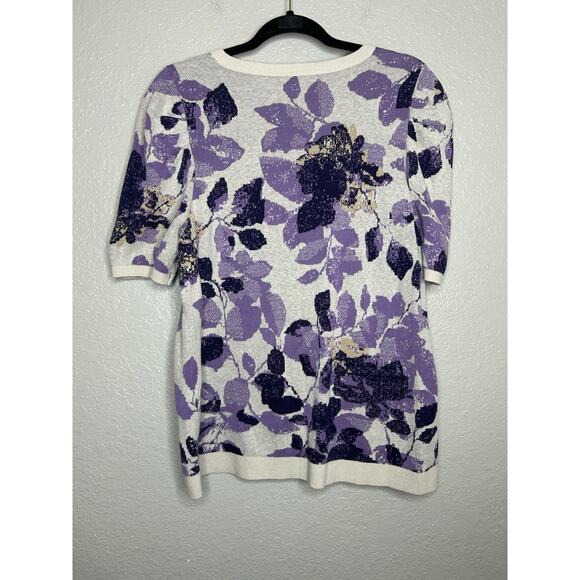 Chico's Short Sleeve Crew Neck Abstract Purple Floral Sweater Size Large - Picture 2 of 7